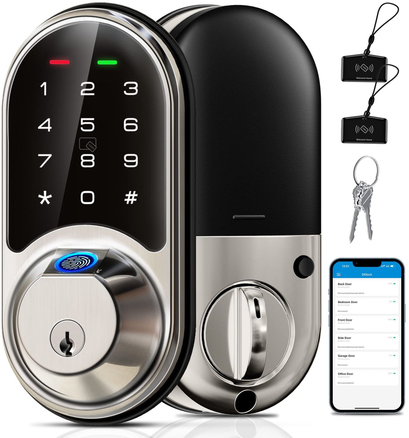 Veise RZ07 Fingerprint Smart Lock, 7-in-1 Locks for Front Door, Keyless Entry Door Lock with App Control, Biometric Electronic Touchscreen Ke