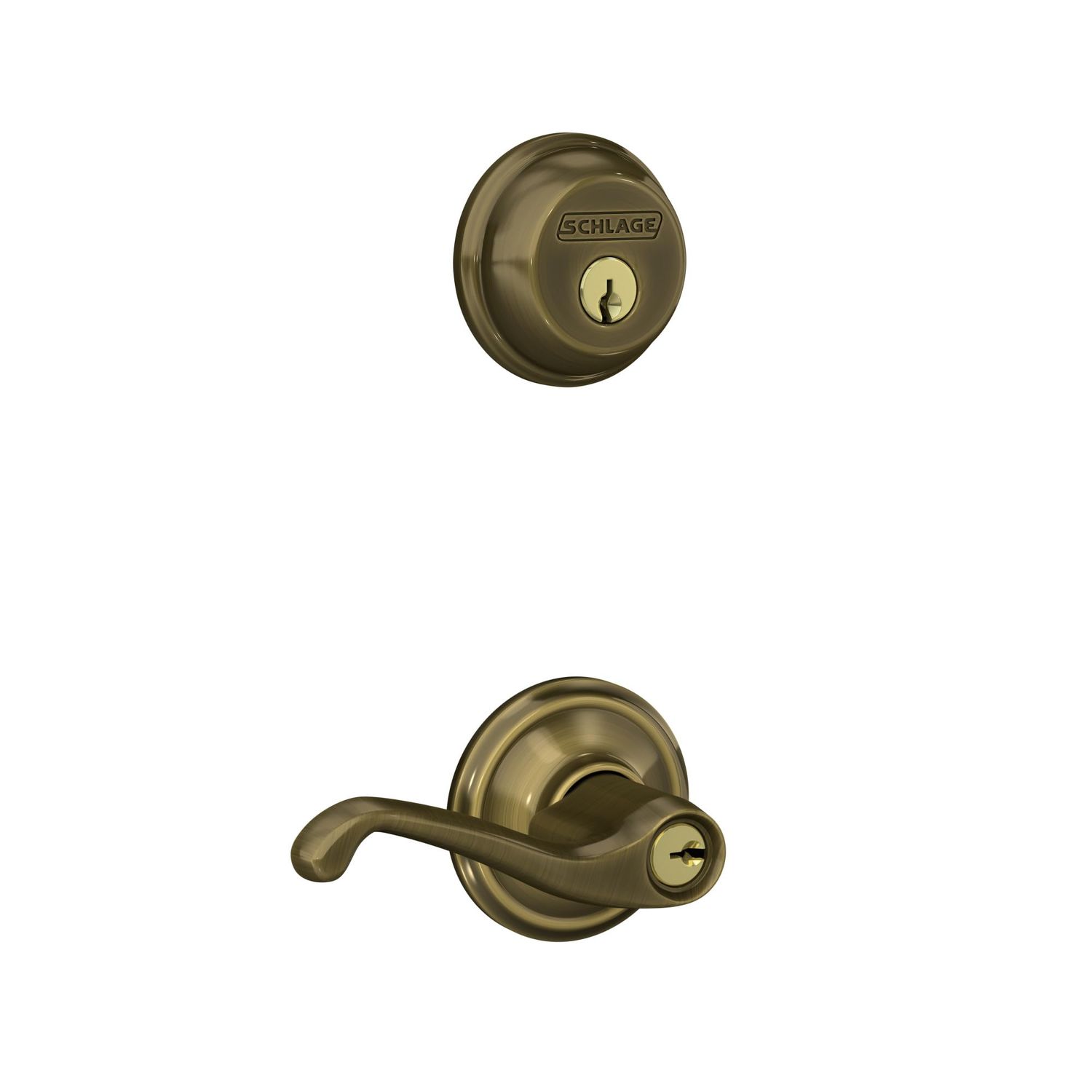Schlage FB50 V FLA Single Cylinder Deadbolt and Keyed Entry Flair Lever, Antique Brass