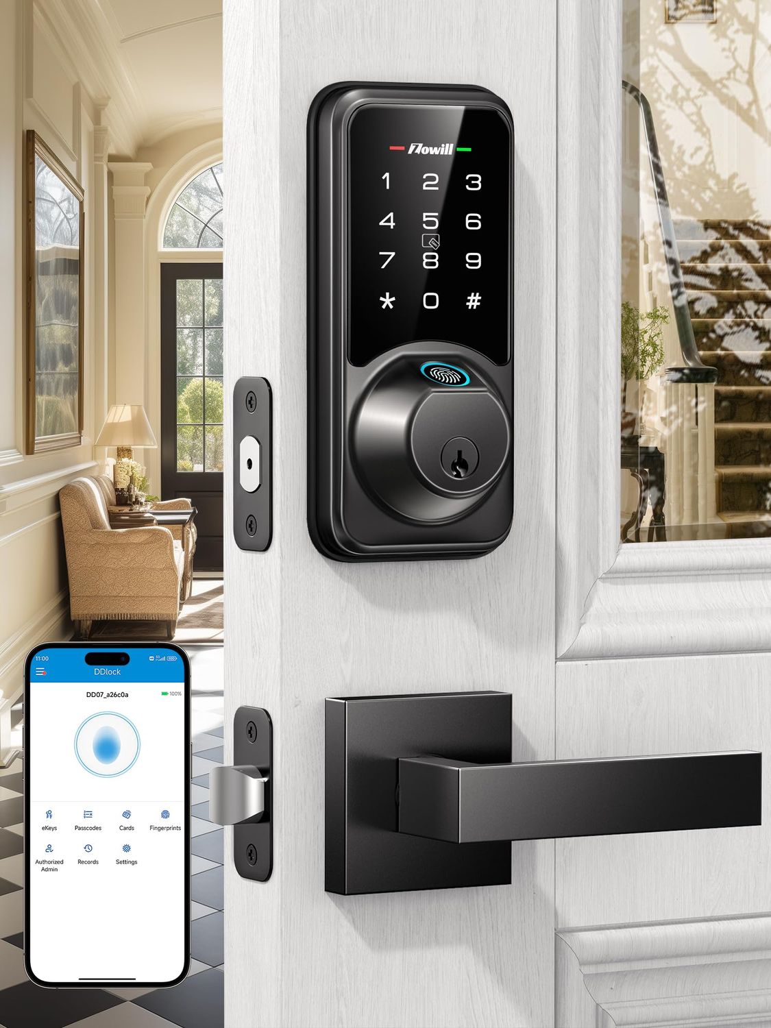 Smart Door Lock Set for Front Door, Zowill 7-in-1 Fingerprint Deadbolt with App Control, Keyless Entry with 2 Lever Handles, Biometric
