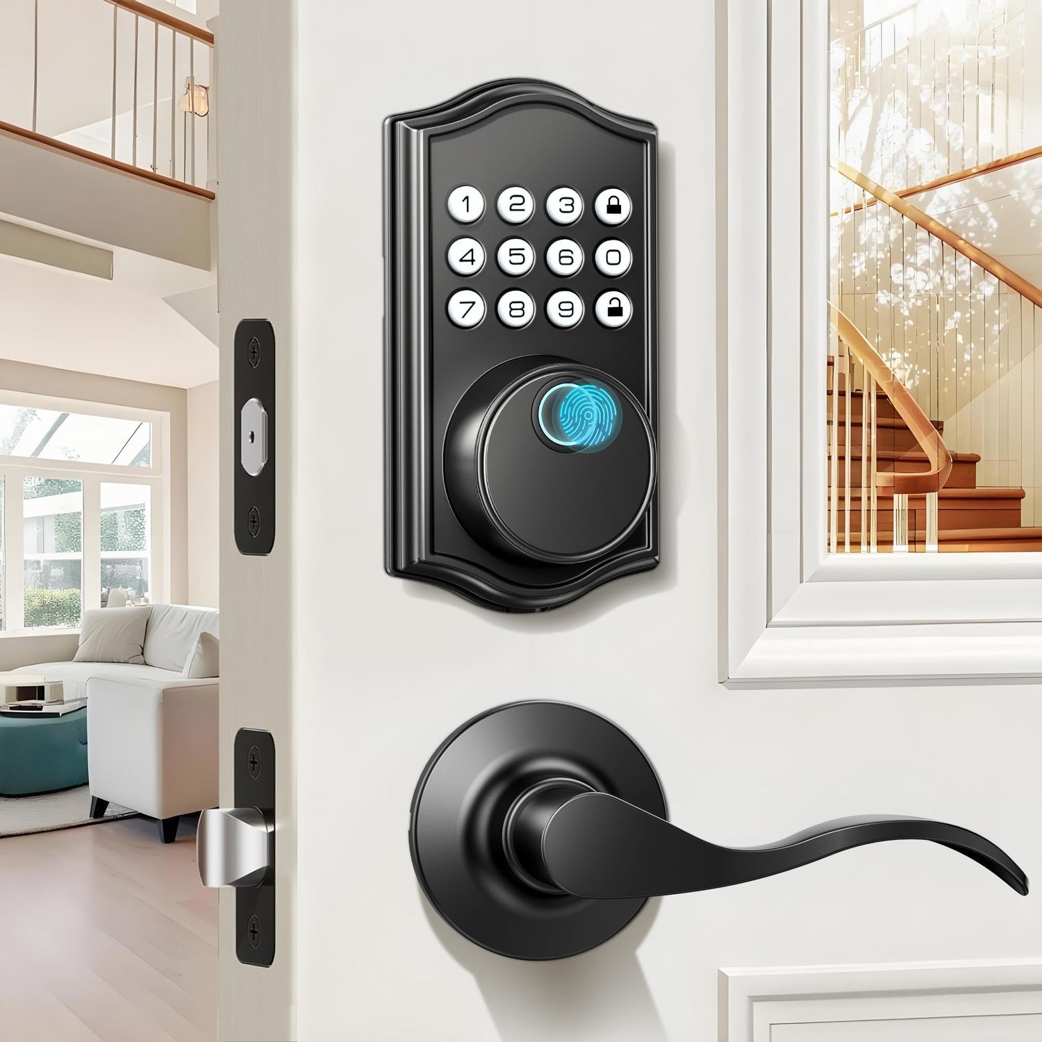 Keyless Entry Door Lock Deadbolt with Handle Set, Fingerprint Smart Locks for Front Door, Backlit Digital Keypad with 2 Keys - Auto Lockin