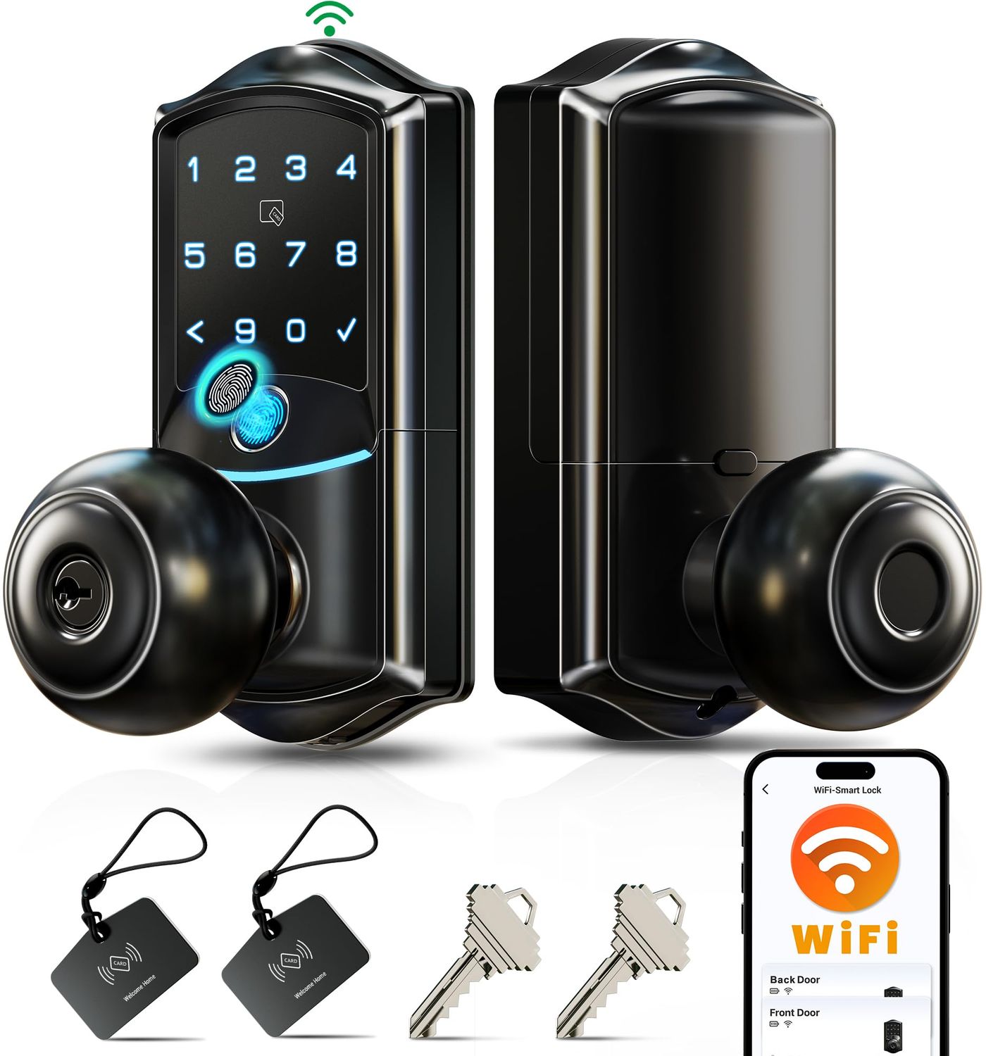 Veise VE Built-in Wi-Fi Smart Lock with Knob, Fingerprint Keyless Entry with Handle, App Remote &amp; Voice Control, Electronic Digital Keypad for F