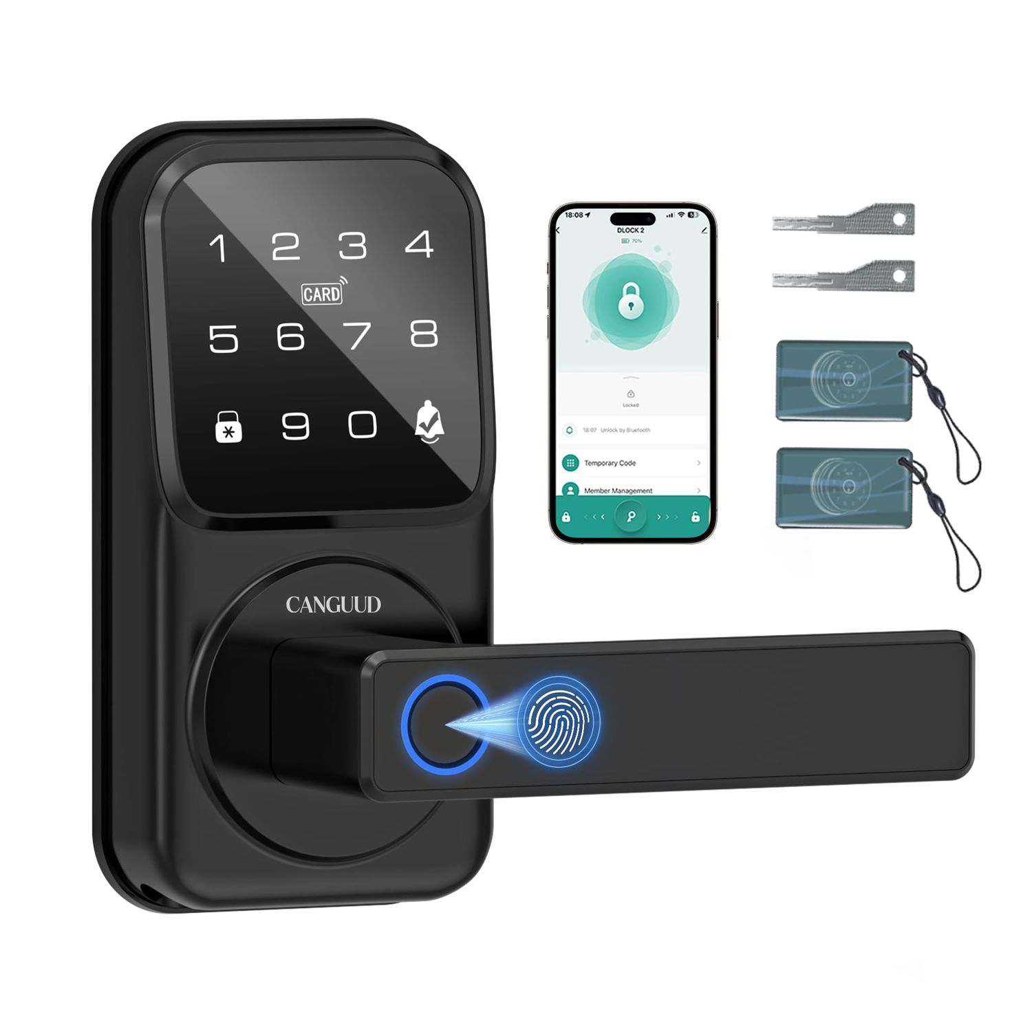 Smart Door Lock with Handle - Keyless Entry for Front Door, Touchscreen Keypad Knob Lever Lock, Fingerprint Auto