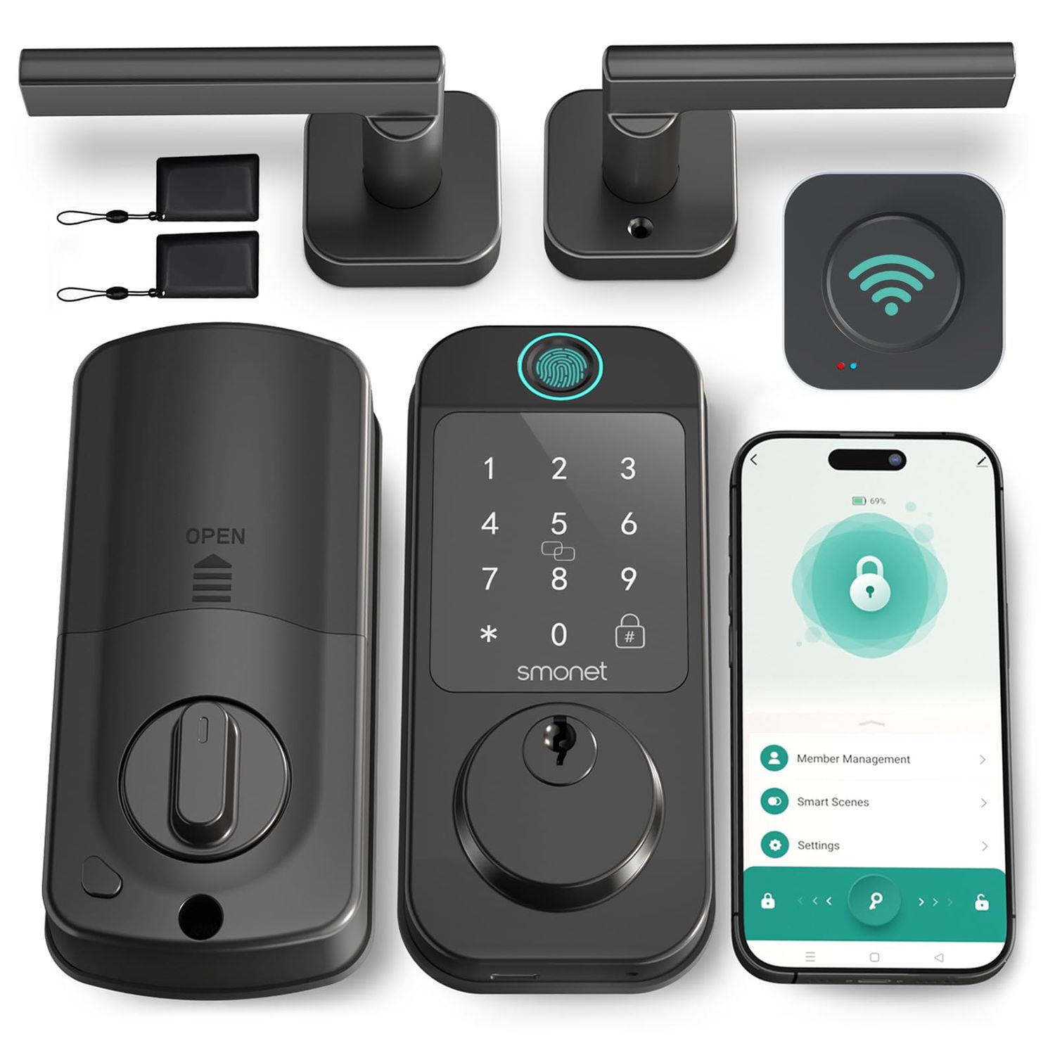 Keyless Door Lock with Handle Set - SMONET WiFi Fingerprint Smart Locks for Front Door, App Remote Control, Digital Bluetooth Keypad Deadbolt w