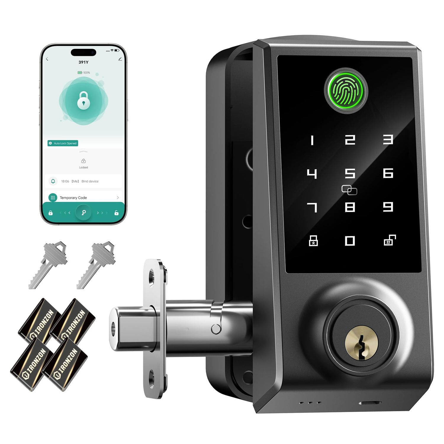 IRONZON Smart Door Lock Deadbolt with Touchscreen Keypad, Fingerprint for Front Door, 5-in-1 Keyless Entry Lock, App Control
