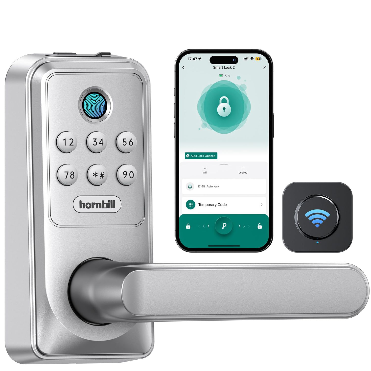 Keyless Entry WiFi Smart Lock with Handle: Hornbill Biometric Fingerprint for Front Door, Electronic Deadbolt, Keypad Passcode Auto-Lock for Home