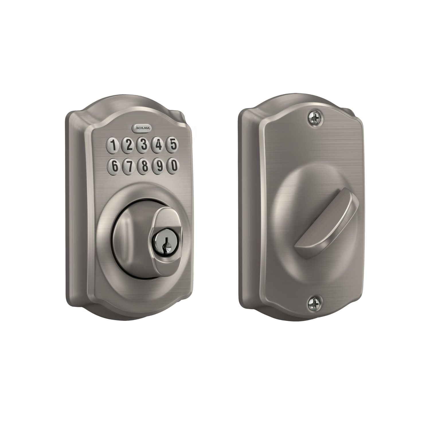 Schlage BE V CAM Camelot Keypad Deadbolt, Electronic Keyless Entry Lock, Satin Nickel