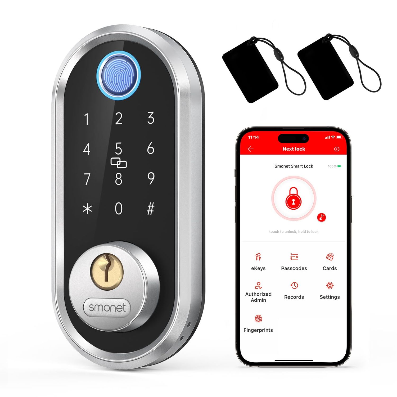 Smart Deadbolt, SMONET Fingerprint Electronic Deadbolt Door Lock with Keypad-Bluetooth Keyless Entry Front Digital Keypad App Control, Ekeys S