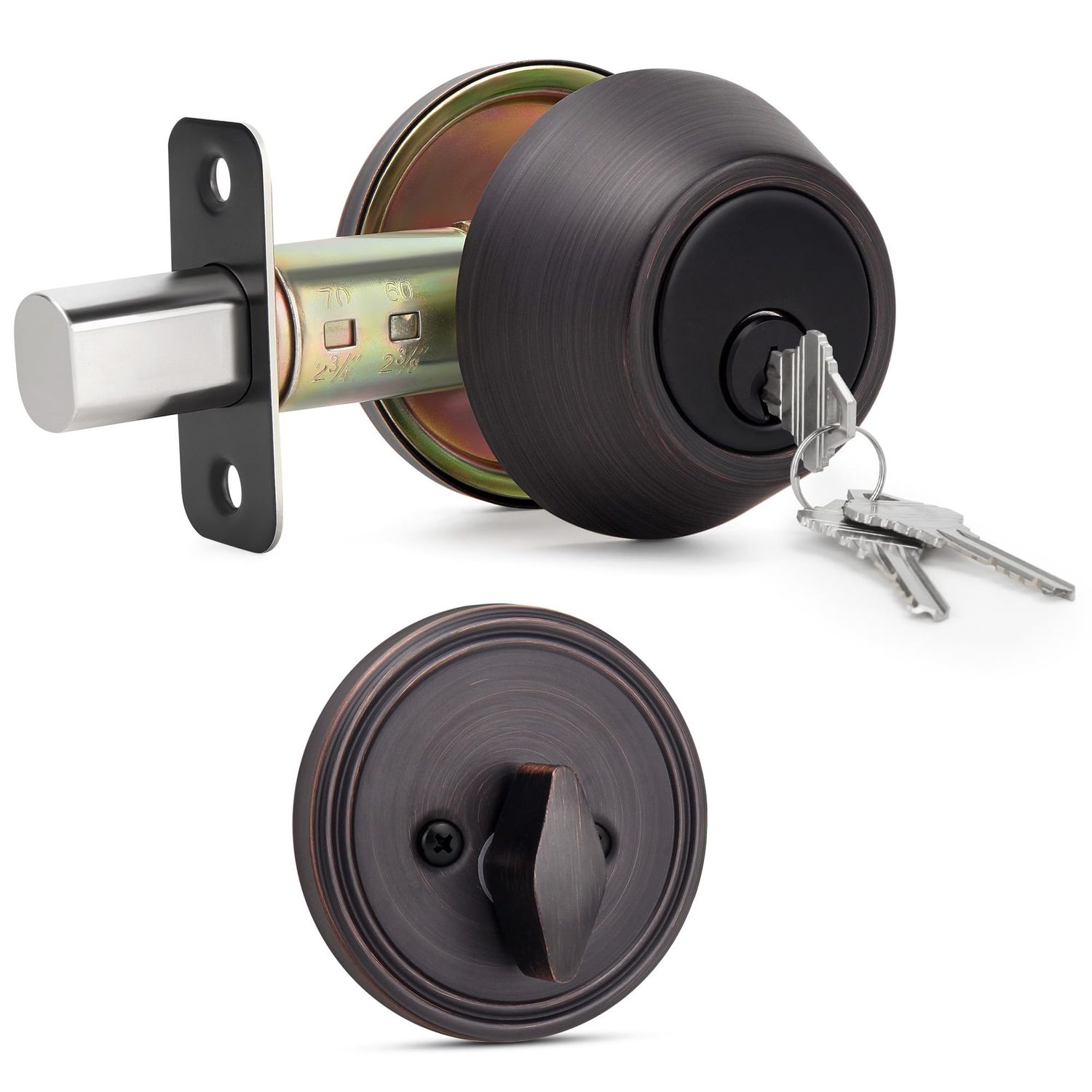 Keyed Single Cylinder Deadbolt Lock for Exterior, Round Design Dead Bolt for Front Door and Entrance Door, Oil Rubbed Bronze