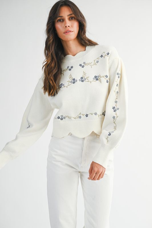 Floral Embroidered Scallop Detail Knit