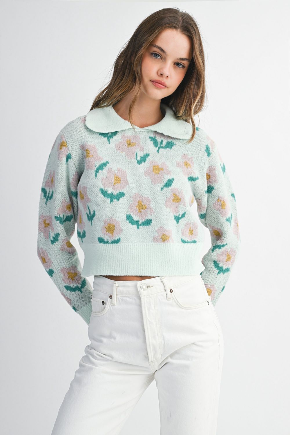 Floral Print Collar Pullover Knit Sweater
