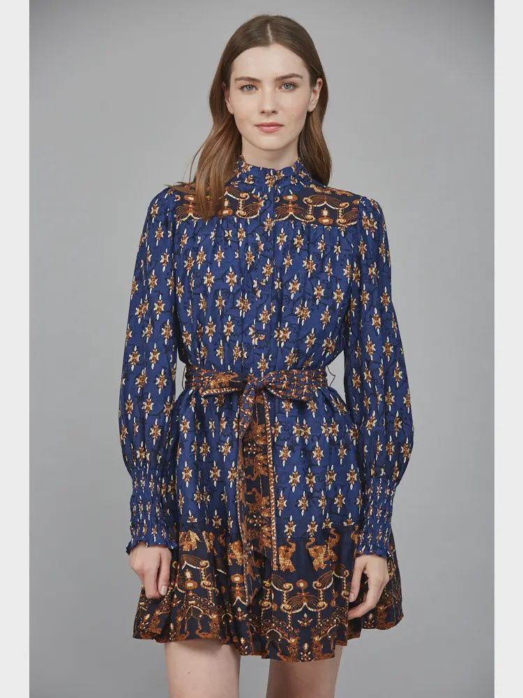 High Neck Brown and Blue Tie Dress