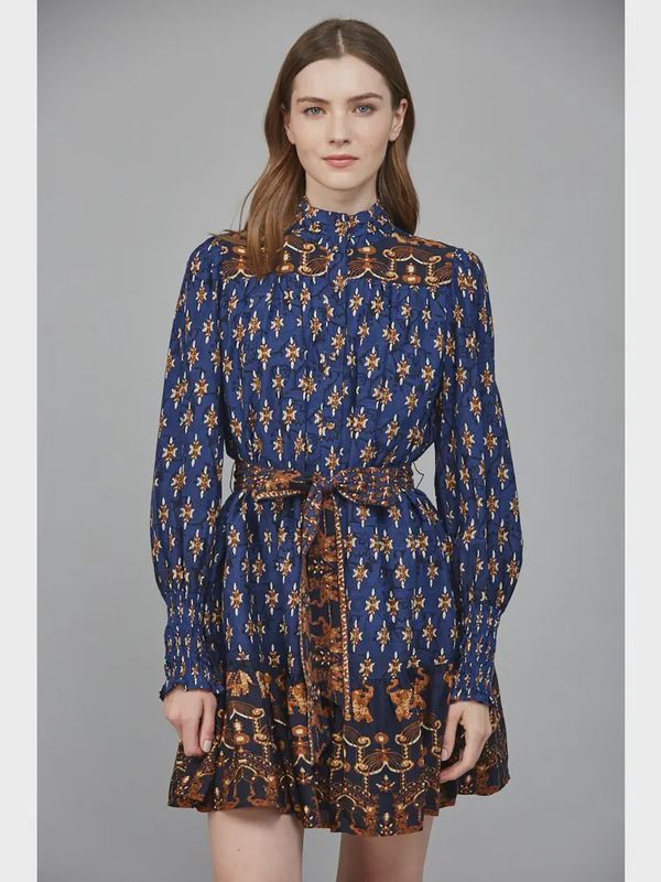 High Neck Brown and Blue Tie Dress