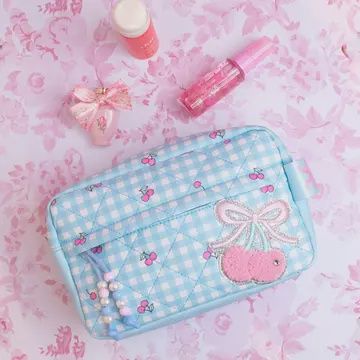 Quilted Cherry and Gingham Printed Pouch