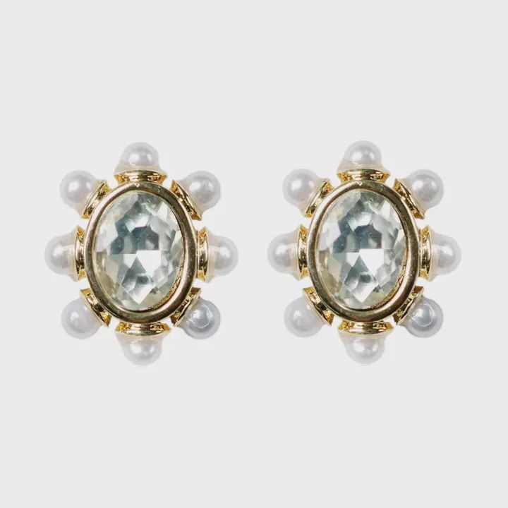 Crystal Pearl Oval Stud Earrings