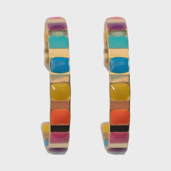 Gold and Rainbow Enamel Striped Hoop Statement Earrings