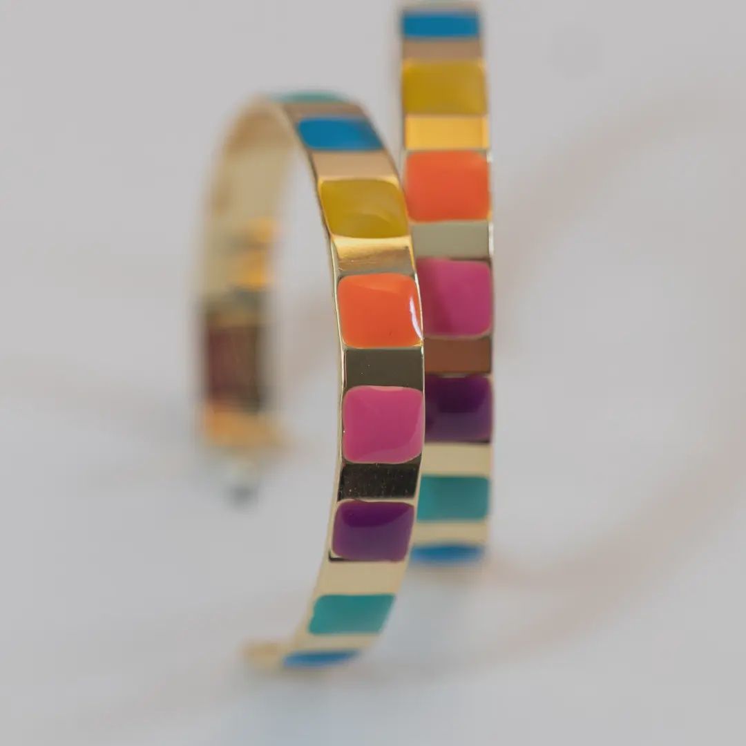 Gold and Rainbow Enamel Striped Hoop Statement Earrings