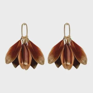 Caramel Gold Dipped Fall Feathers Statement Earrings