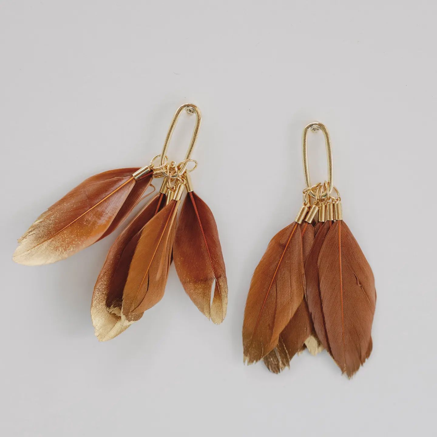 Caramel Gold Dipped Fall Feathers Statement Earrings