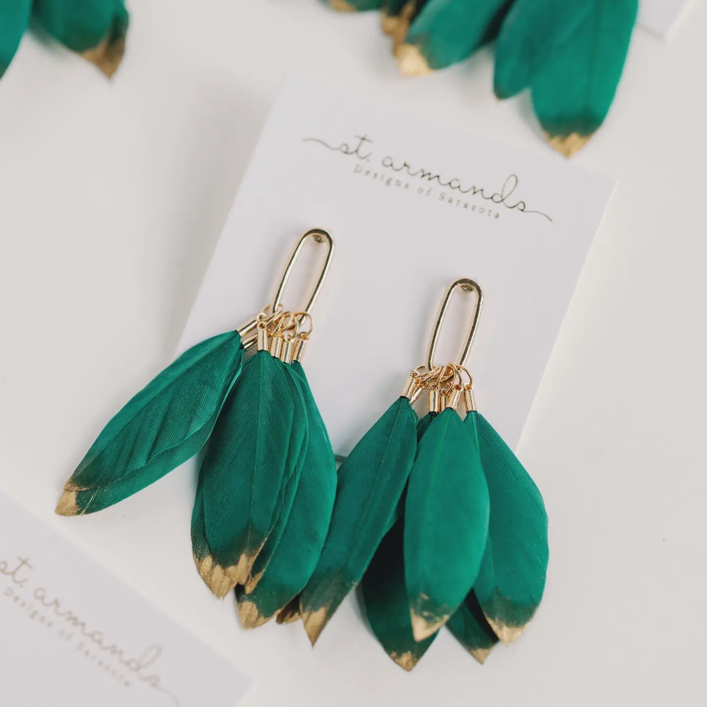 Emerald Gold Dipped Fall Feather Tassel Statement Earrings