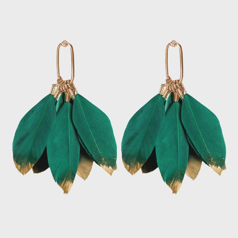 Emerald Gold Dipped Fall Feather Tassel Statement Earrings