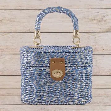 Metallic Woven Straw Top Handle Box Bag, Colour: Blue