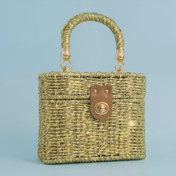 Metallic Woven Straw Top Handle Box Bag