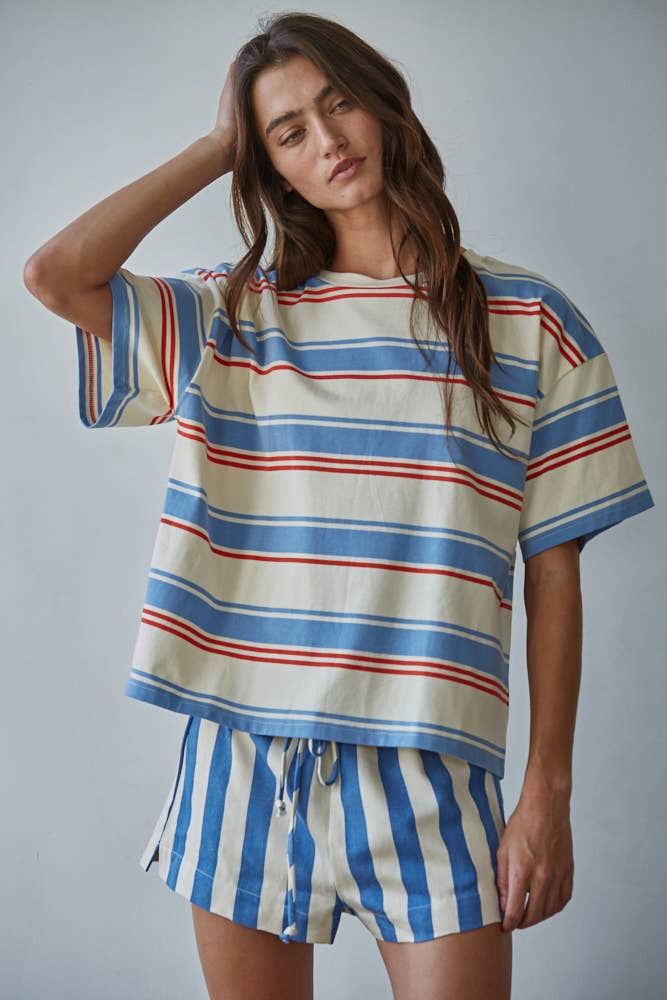 L9696 | Knit Cotton Multi Striped Short Sleeve Top