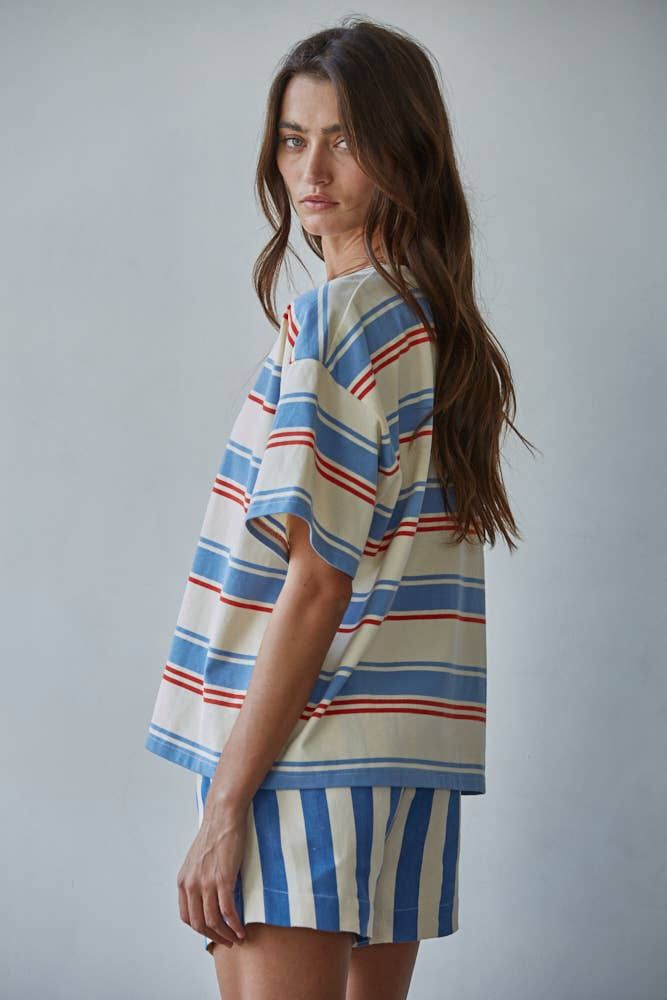 L9696 | Knit Cotton Multi Striped Short Sleeve Top