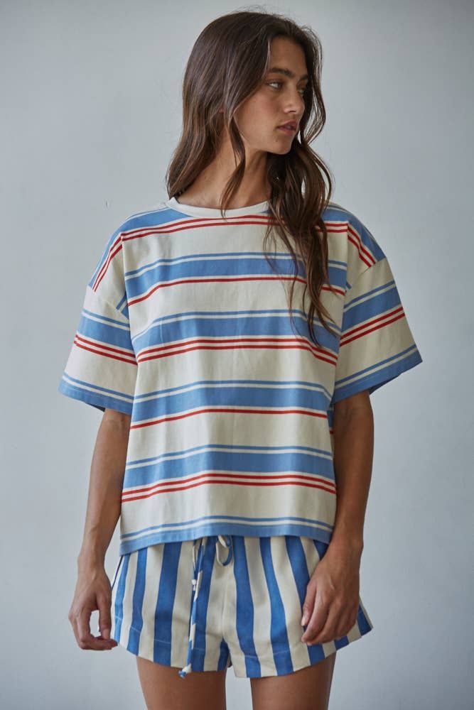 L9696 | Knit Cotton Multi Striped Short Sleeve Top, Size: L