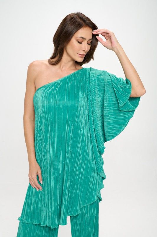 Plisse One Shoulder Draped Tunic Dress