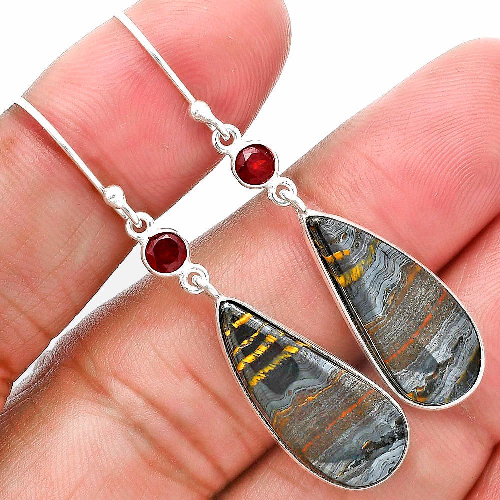 Natural Iron Tiger Eye &amp; Garnet Earrings E-1002 SDE89096
