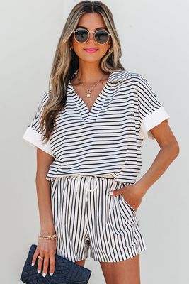 Chloe Stripe V Neck Tee Short Set