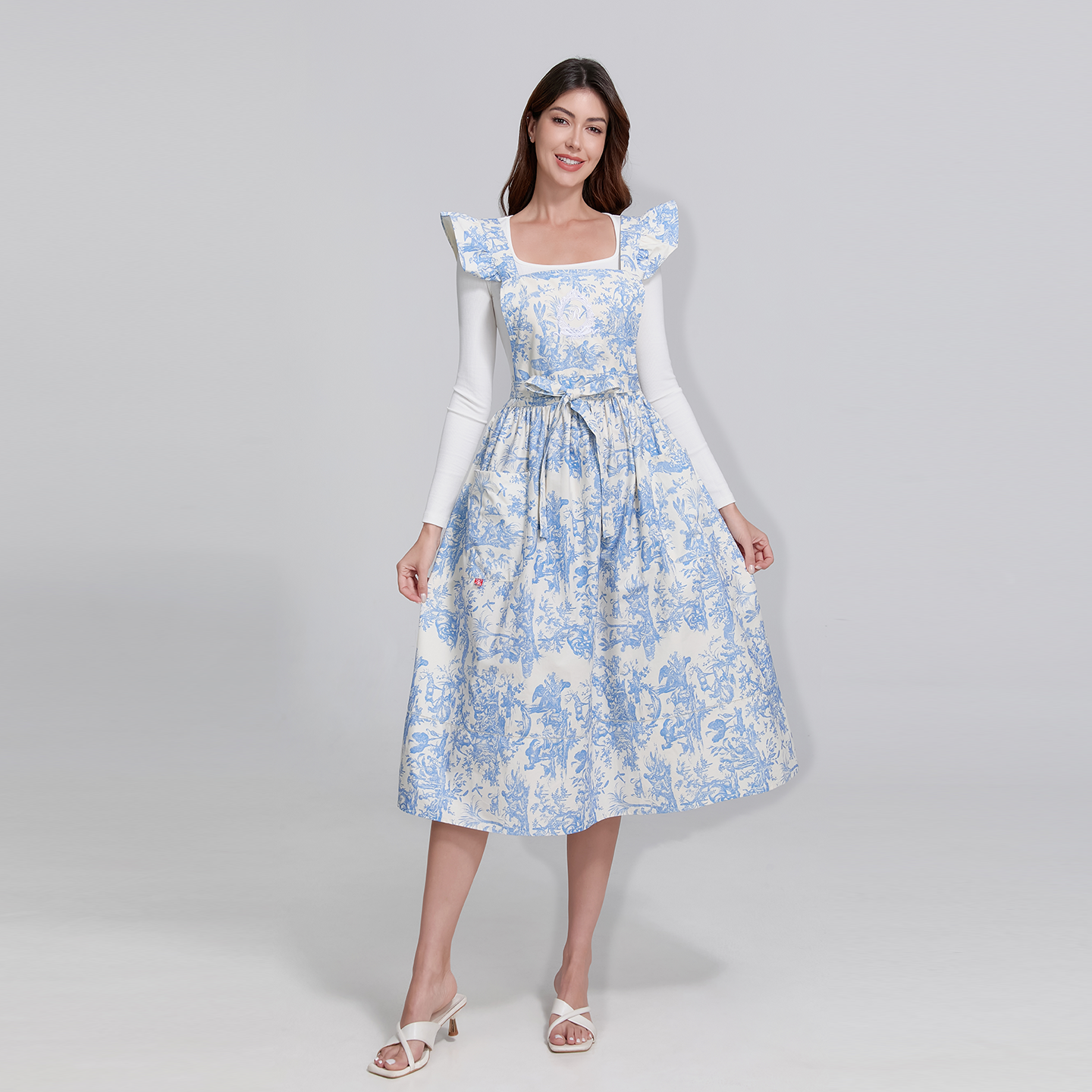 French Toile de Jouy Premium Cotton Apron with Royal Embroidery