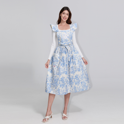 French Toile de Jouy Premium Cotton Apron with Royal Embroidery