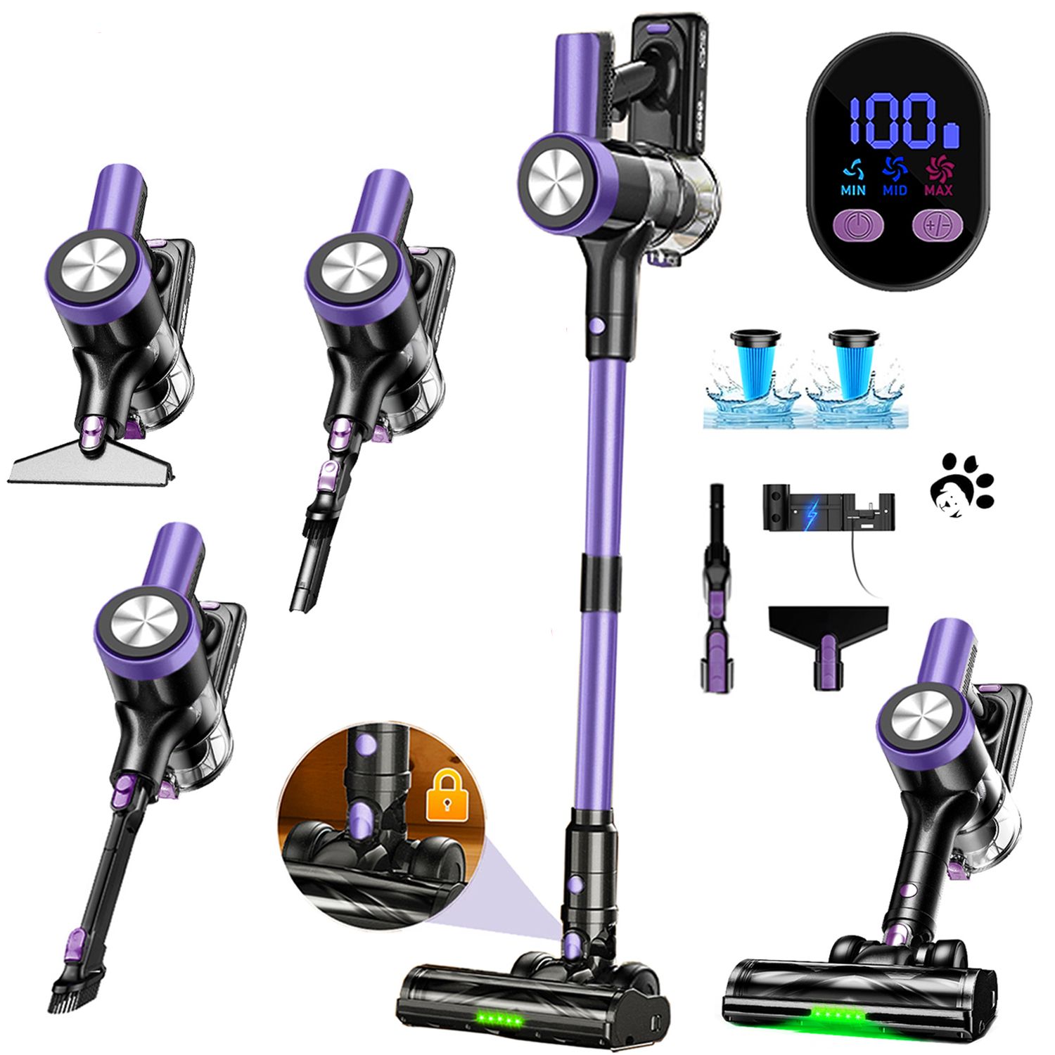 Cordless 46KPa/500W Stick Vacuum Cleaner 55 Mins Runtime Self-Standing LED Display Anti-Tangle Brush Rechargeable for Home Use