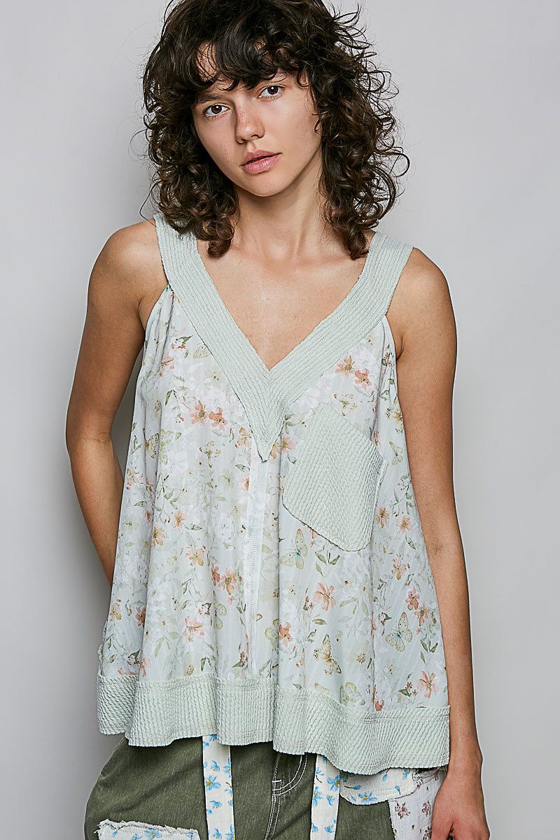POL Floral V-Neck Tank with Front Pocket