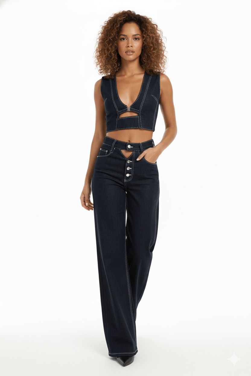 JENDUE Livia Crop - Asymmetric Dark Denim Cut-Out Top