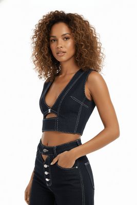 JENDUE Livia Crop - Asymmetric Dark Denim Cut-Out Top