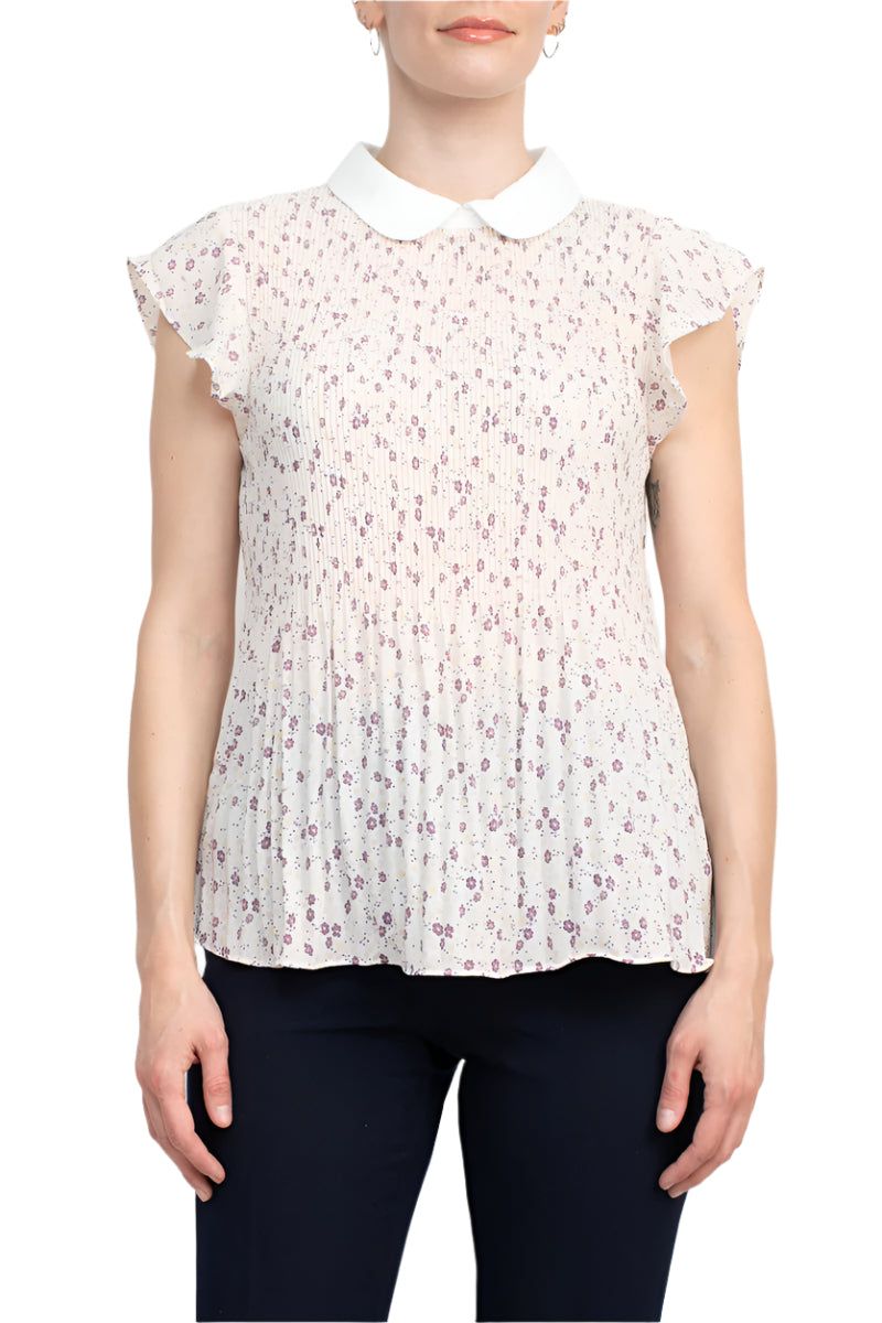 Adrianna Papell Peter Pan Collar Flutter Sleeve Pleated Printed Woven Georgette Top