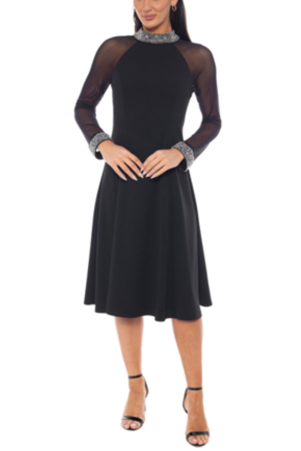 Oleg Cassini Embellished High Mock Neckline Long Sheer Sleeves Fitted Bodice Fit-and-Flare A-Line Dress