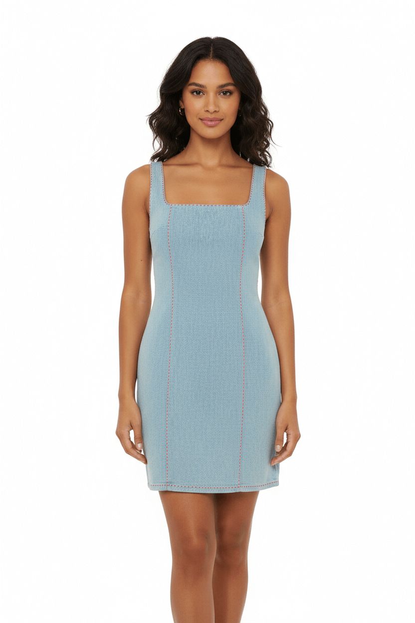 JENDUE Rachele Dress - Denim Mini Dress with Red Stitch