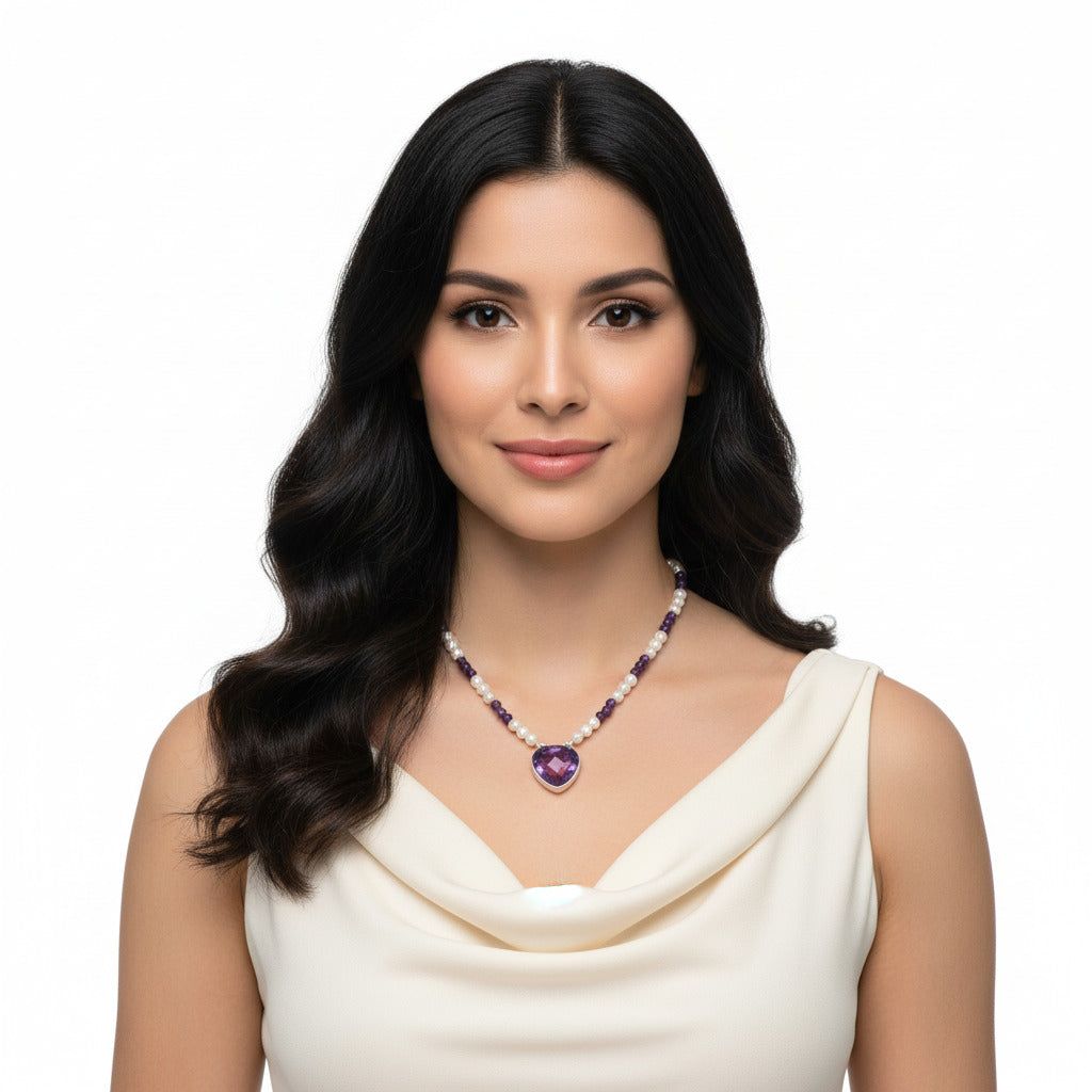Premium Quality Amethyst Briolette &amp; Pearl Beaded Necklace N-1027 11-EN10024