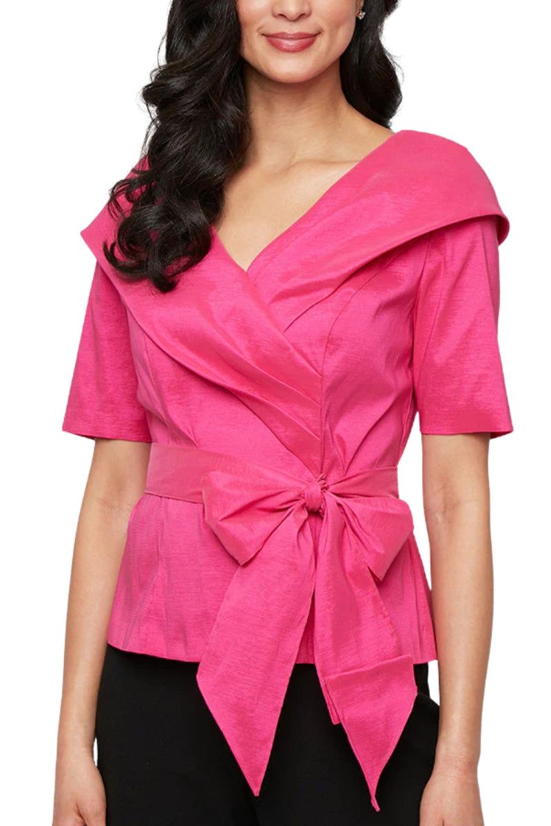 Alex Evenings Draped Crossover Pleated Shawl Collar V-Neckline Short Cap Sleeves Cropped Waist Bow-Tie Back Zipper Closure Tunic Blouse Top