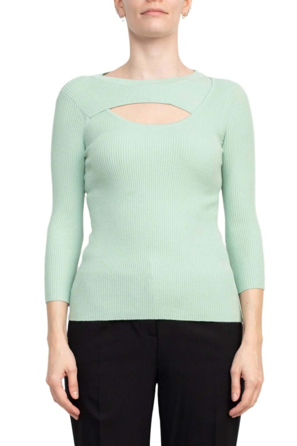 Joan Vass NY Crew Neck 3/4 Sleeve Ribbed Pullover Cutout Chest Detail Knit Top