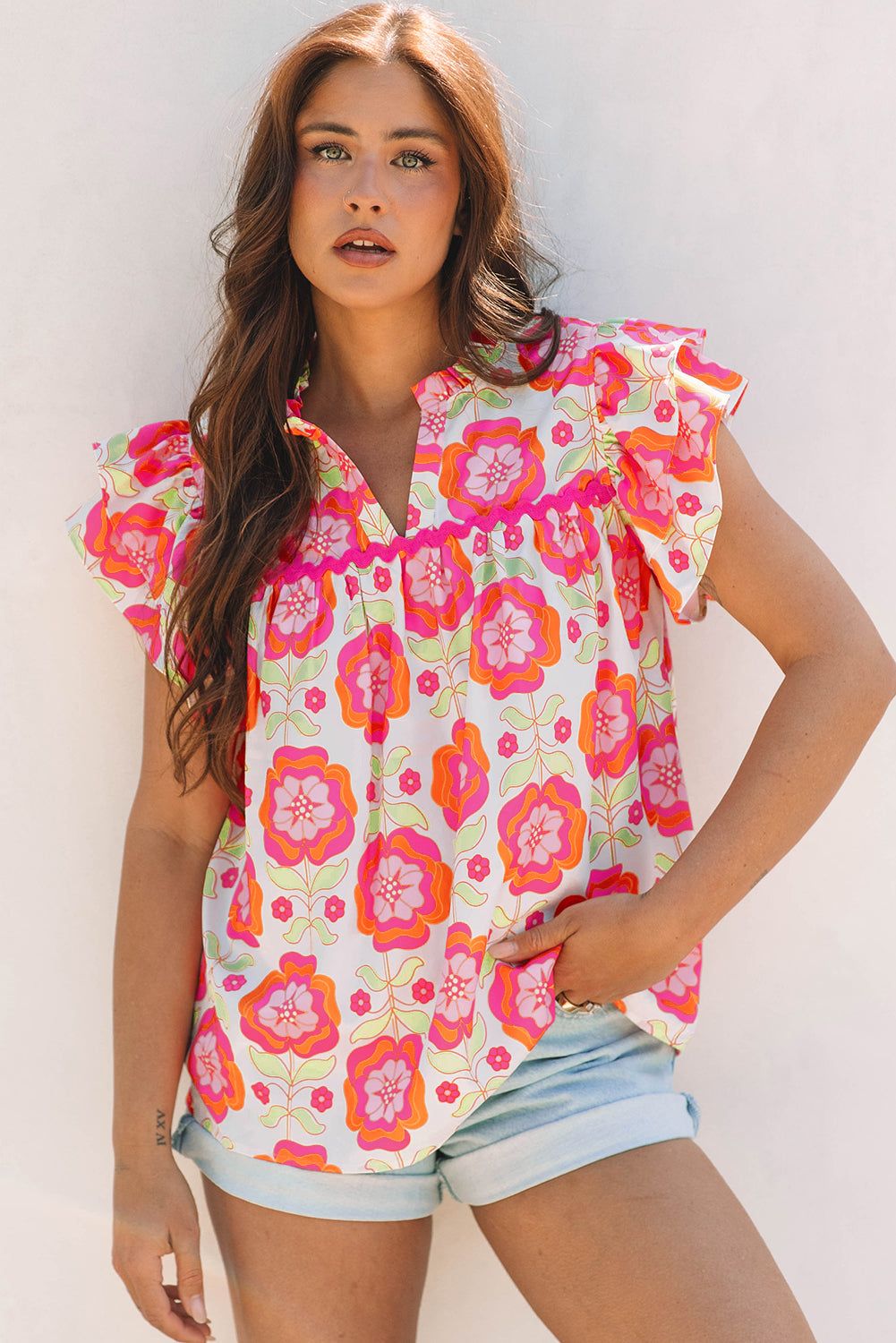 Mikaela Ric-rac Trim Split Neck Loose Blouse