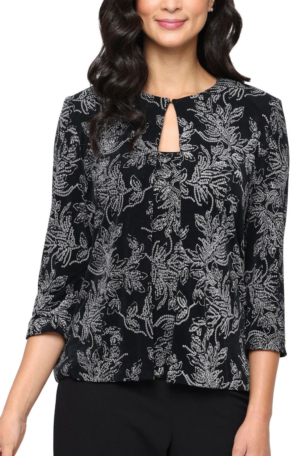 Alex Evenings Two-Piece Twinset Scoop Neckline Sleeveless Tank Top with Matching Short Open-Front Keyhole Opening Three-Quarter Sleeves Bolero Jacket