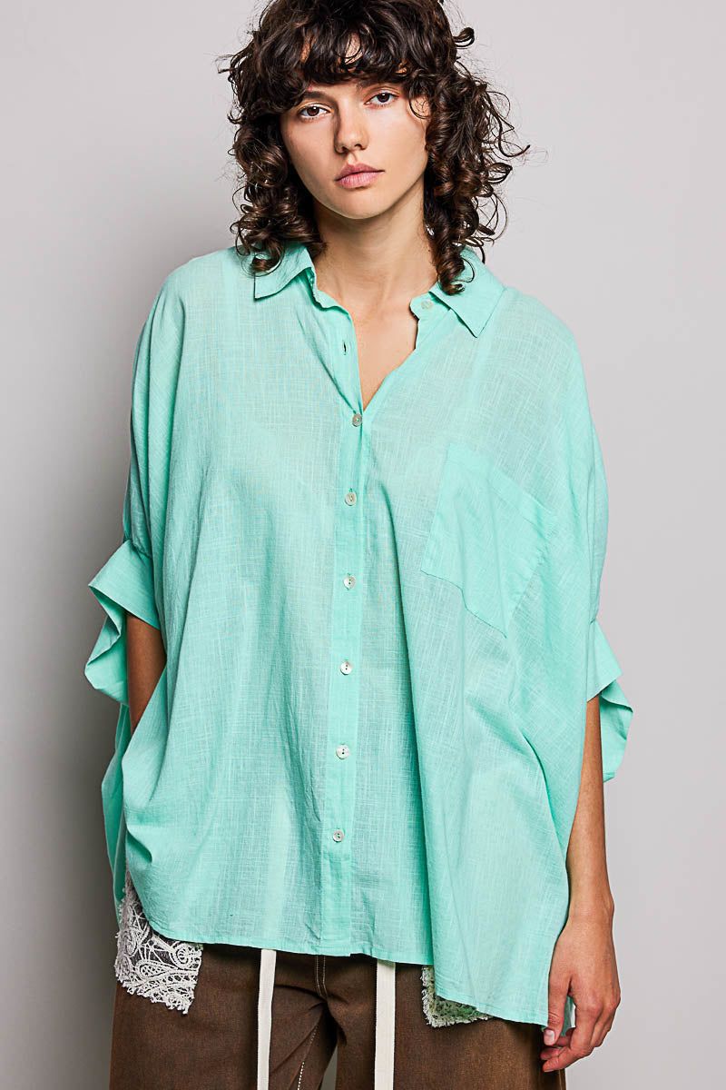 POL Button Down Half Dolman Sleeve Shirt