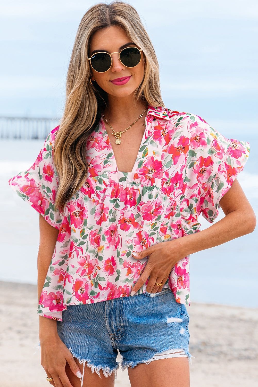 Zoya Floral Ruffled Short Sleeve Blouse