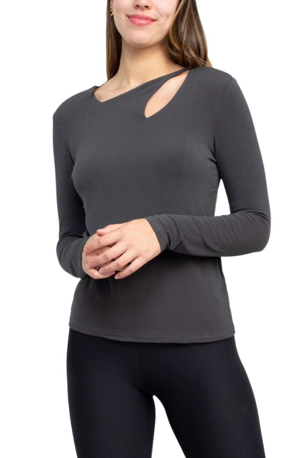 Catherine Malandrino Asymmetrical Cutout Neck Long Sleeve Solid Crepe Top
