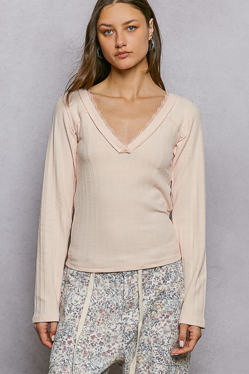 POL V-Neck Long Sleeve Ribbed Top with Lace-Accent Neckband